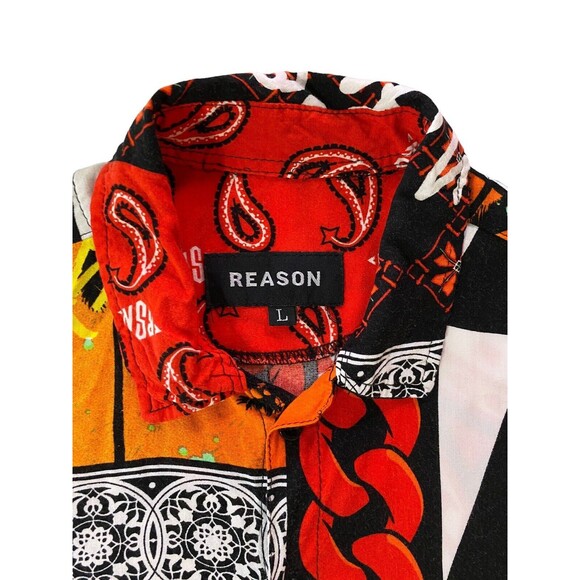 Reason Brand Retro Patchwork Shirt Gold Chain Crown Floral Design Size Large - Picture 3 of 11